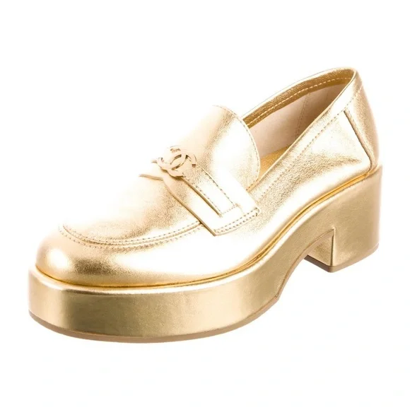 CHANEL Gold Flats Luxurious Metallic Loafers